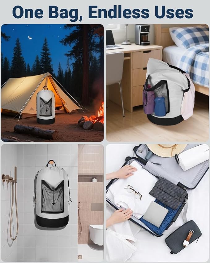 Laundry Bag with Shoulder Straps and Mesh Pocket Laundry Backpack Large Portable Laundry Hamper for College Laundromat Apartment