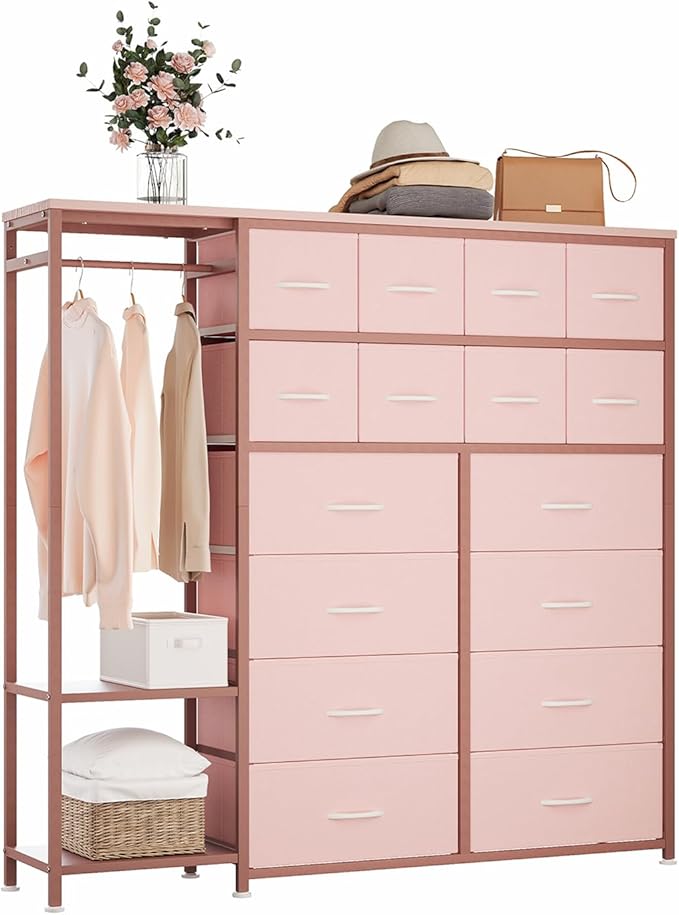 GarveeHome Dresser with 16 Drawers & Hanging Rod & Shelves, Fabric Storage Organizer for Bedroom, Closet, or Entryway