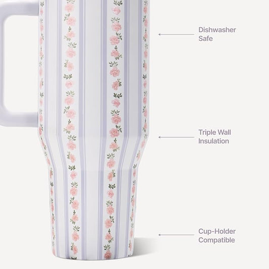 HydroJug Traveler - 32 oz Water Bottle with Handle & Flip Straw - Fits in Cup Holder, Leak Resistant Tumbler-Reusable Insulated Stainless Steel & Rubber Base - Gifts for Women & Men, Primrose