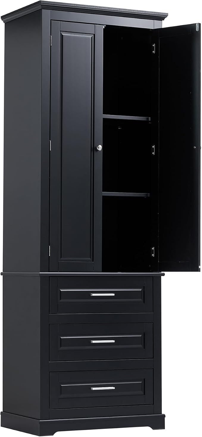 Storage Cabinet, Tall Bathroom Cabinet with Adjustable Shelf | Tall storage cabinet, upper enclosed cabinet and 3 pull-out compartments keep daily essentials organized