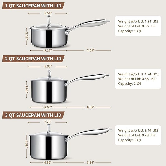 EWFEN 3 Ply Stainless Steel Sauce Pan Set with Lids, 1 & 2 & 3 Quart Multipurpose Cooking Pot, Stay-Cool Handle, Induction Oven Dishwasher Safe, 1QT & 2QT & 3QT