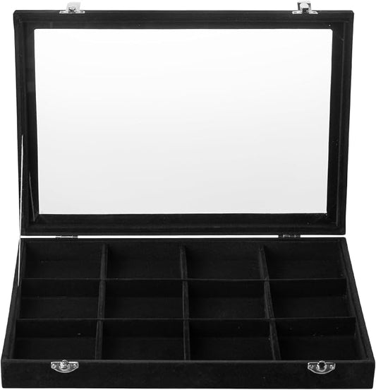 Frebeauty Velvet Jewelry Tray,12 Grid Jewelry Organizer with Clear Lid,Bracelets Holder,Jewelry Display Case with Clasp,Drawer Insert Bangle Brooch,13.8 x 9.5 x 2 Inches,Gift for Women Girls(Black)