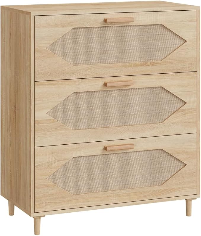 GAOMON 3 Drawer Dresser for Bedroom, 31.5 Inch Wide Rattan Modern Closet Dressers Chest of Drawers, Wood Oak Storage Chest for Kids Bedroom, Hallway, Living Room, Hallway, Natural