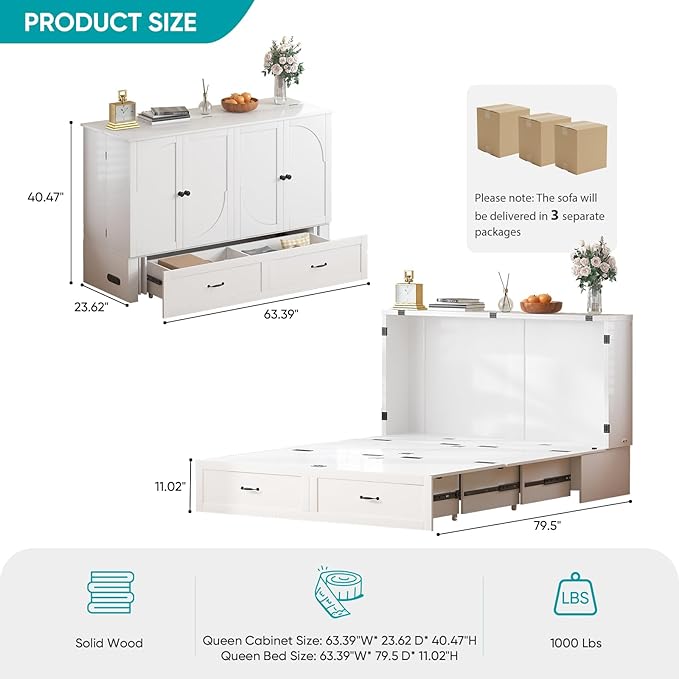 BALUS Murphy Bed Queen with USB Charging Station, Murphy Cabinet with 2 Storage Drawers, Hideaway Foldable Wall Cabinet Bed Chest for Living Room Bedroom Home Office (No Mattress, White)