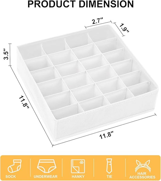 Sock Organizer 4 Pack, 24 Cell Foldable Underwear & Sock Storage, Drawer Organizer for Ties, Belts. (White)