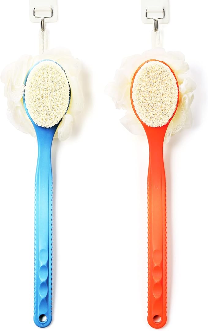 Shower Body Brush with Bristles and Loofah,Back Scrubber Bath Mesh Sponge with Curved Long Handle for Skin Exfoliating Bath, Massage Bristles Suitable for Wet or Dry, Men and Women (Blue)
