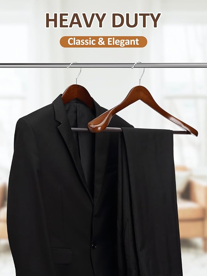 AMKUFO Wide Shoulder Wooden Hangers 8 Pack Coat Hanger with Non Slip Pants Bar, Heavy Duty Suit Hanger Wood Clothes Hangers with Smooth Finish 360° Swivel Hook for Sweater Jackets Shirts Walnut