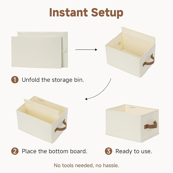 StorageWorks Storage Baskets for Shelves, Foldable Fabric Closet Storage Bins with PU Handles, Fabric Storage Bins Clothes Organizer, Ivory White, 3-Pack, Small