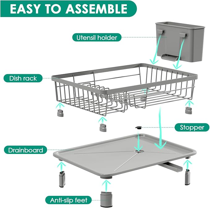 GAOKASE Dish Drying Rack, Stainless Steel-Dish Rack, Dish Racks for Kitchen Counter, Kitchen Dish Drainers with Removable Utensil Holder,New Drain Outlet,Plate Rack and Drainboard,(gray-11 W x 15" L)