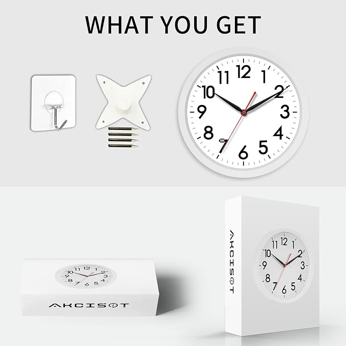 AKCISOT 14 Inch Wall Clock Silent Non Ticking Modern Wall Clocks Battery Operated, Analog Classic Clock Decorative for Bedroom, Kitchen, Home Office, Bathroom, School, Living Room (White)