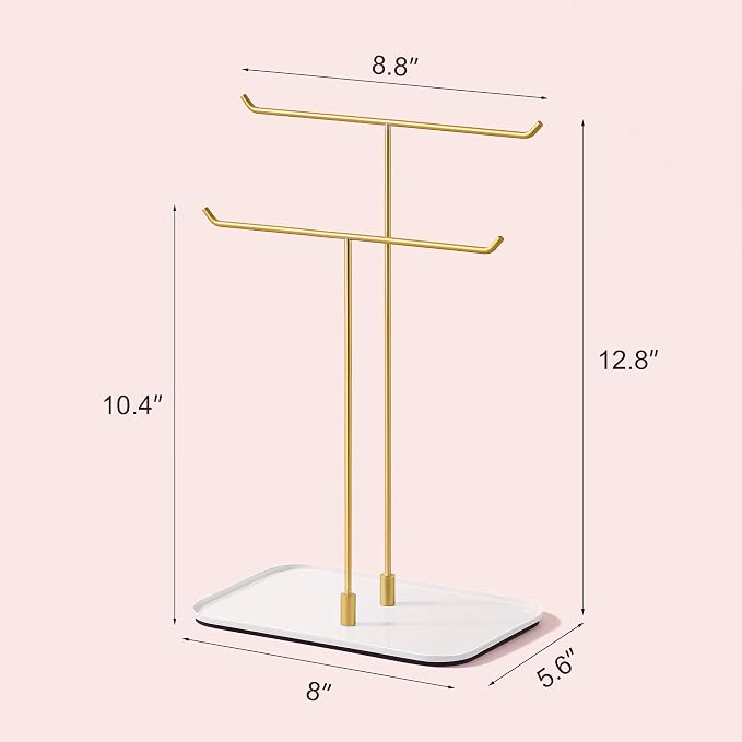 bussdis Gold Jewelry Organizer Necklace Holder Stand: 2-Tier T-Bar Display with White Metal Tray, Holds Necklaces Bracelets Earrings, Countertop Jewelry Tree