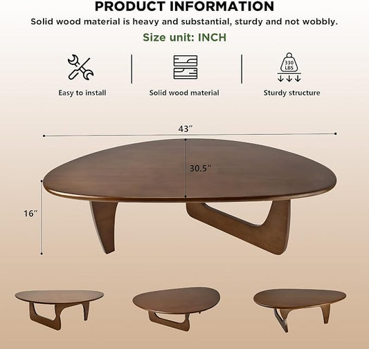Solid Wood Triangle Coffee Table,Unique Mid Century Modern Oval Coffee Table,Irregular Geometric Tea Tables for Home Living Room with Wooden Tabletop and Reinforced Legs Walnut 43" L x 31" W x 16" H