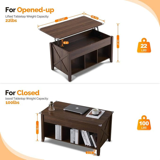 VINGLI Farmhouse Lift Top Coffee Table, Coffee Tables for Living Room with Storage Shelf/Hidden Compartment, Mesa De Centro para Sala, Rustic Brown