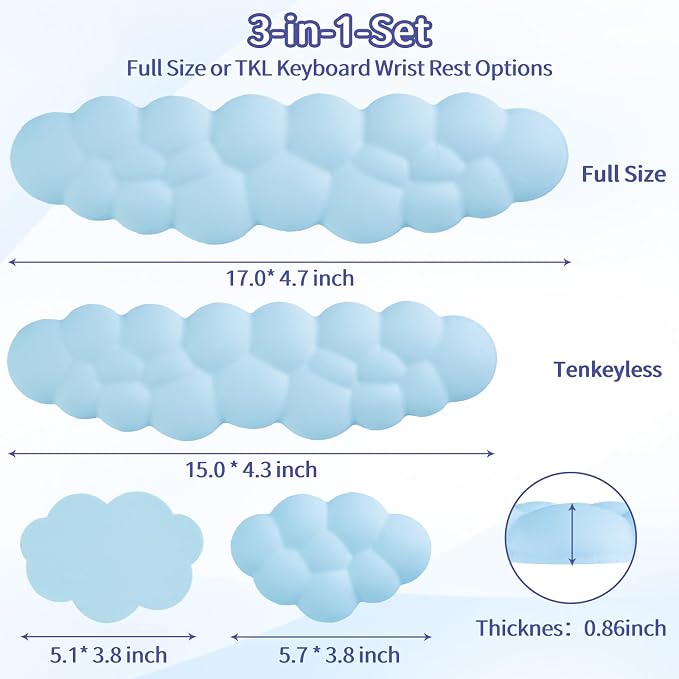 Sushret Cloud Wrist Rest Keyboard, Cloud Keyboard Wrist Pad Set with PU Leather Memory Foam, Cute Arm Rest for Palm Support, PC/Gaming Desk Accessories/Office Setup/Computer Hand Cushion - Blue