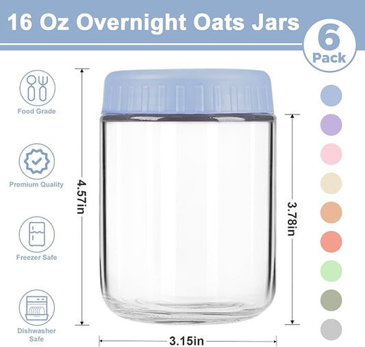 Overnight Oats Containers with Lids, 16oz Wide Mouth Mason Jars with Lids, 6 Pack Glass Jars with Airtight lid for Chia Pudding Yogurt Salad, Meal Prer Oatmeal Jars