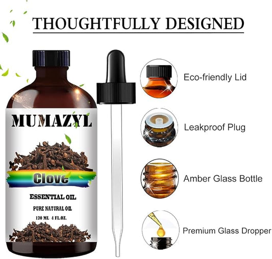 Clove Essential Oil, Clove Oil 4 Fl Oz 120ML for Diffuser Humidifier Yoga Cleaning DIY Candle Soap Making MUMAZYL Essential Oils