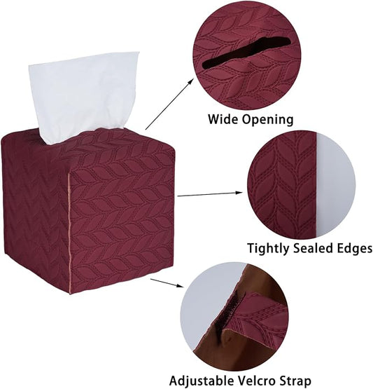 Tissue Box Cover 2-Pack, Square Tissue Holder with Bottom Belt, Modern Tissue Case Facial Paper Organizer Dispenser for Bathroom, Office, Home, Table, Car, Leaf Pattern Red