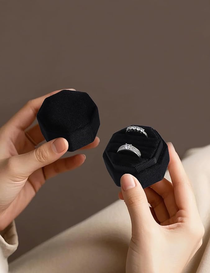 Velvet Ring Box, 3 Slots Wedding Ring Box, Vintage Octagon Premium Jewelry Display Holder Gift Box with Detachable Lid for Engagement Wedding Box Keepsake Box Bridal Photo