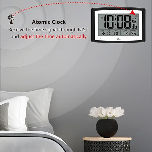 WallarGe Atomic Clock with Indoor Temperature and Humidity, 12.5 Inch Self-Setting Digital Wall Clock or Desk Clock, Battery Operated Digital Clock Large Display for Seniors, Auto DST