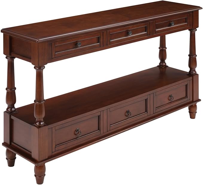 KEIKI 54”L Pine Solid Wood Entryway Console Table with 6 Storage Drawers, Vintage Behind Couch Sofa Table with 2 Tiers Open Shelf for Hallway, Entrance, Entry Way, Living Room, Foyer