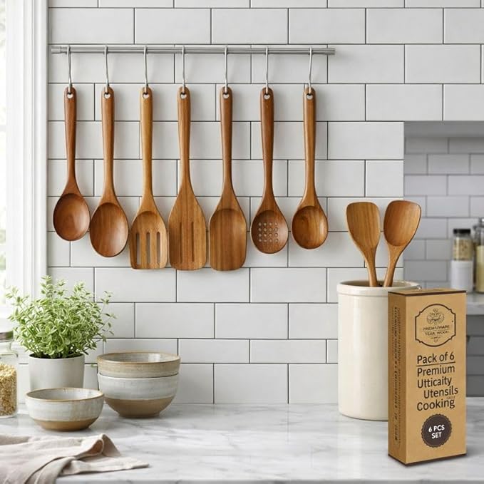 6 Piece Teak Wood Utensil Set - Non Toxic, Handmade Cooking Spoons & Spatulas for Nonstick Cookware - Includes Wok Spatula, Skimmer & Salad Set - Heat Resistant Kitchen Utensil Gift Set