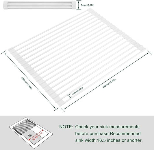 Hanzenma Roll Up Dish Drying Rack - Over The Sink, Multipurpose Foldable Sink Drying Mat, Heat-Resistant, Anti-Slip & Anti-Rust, 17" x 13", White