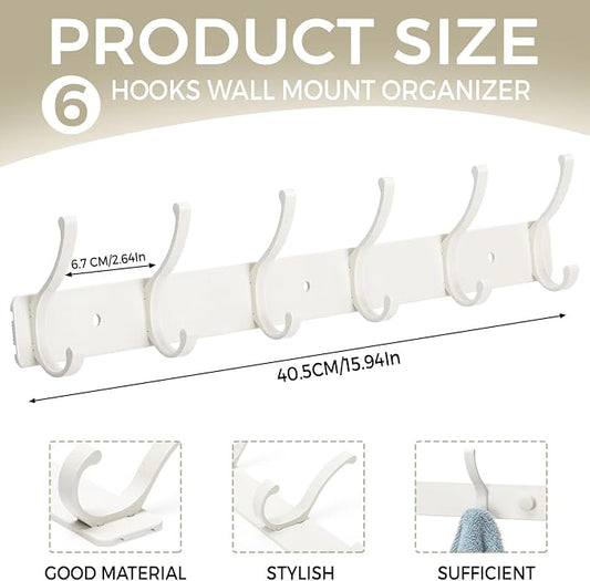 Dntorx Coat Rack Wall Mount, 1 Pack Coat Hooks Hanger Wall Double Hook Rack Rail Towel Hat Rack Entryway Bathroom Hanger Organizer for Robes, Clothes, Bags, Hat(White)