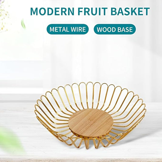 7UYUU Gold Fruit Basket Metal Wire Fruit Basket Bowl Kitchen Countertop Large Storage Serving Holder for Lemon Banana Onion - Wooden Stand - 12 Inch (Gold Wood)