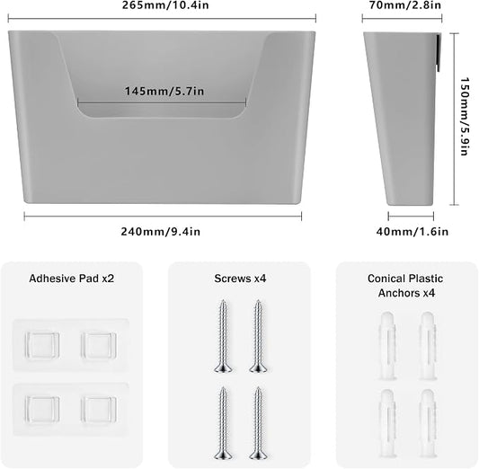 JOMOLA No Drilling File Holder 2 Pack Mail Organizer Wall Mount File Organizer Holder Office Wall Hanging Files Magazines Organizer Plastic Door Mount Wall Pocket with Adhesive Pad, Grey Color