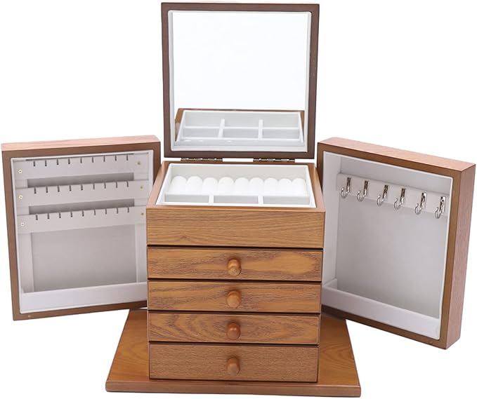 Wooden Jewelry Box for Women, 5-Layer Wooden Jewelry Organizer Boxes with 4 Drawers, Vintage Solild Wood Storage CaseJewelries, Watches, Necklace, Ring (Light Brown)