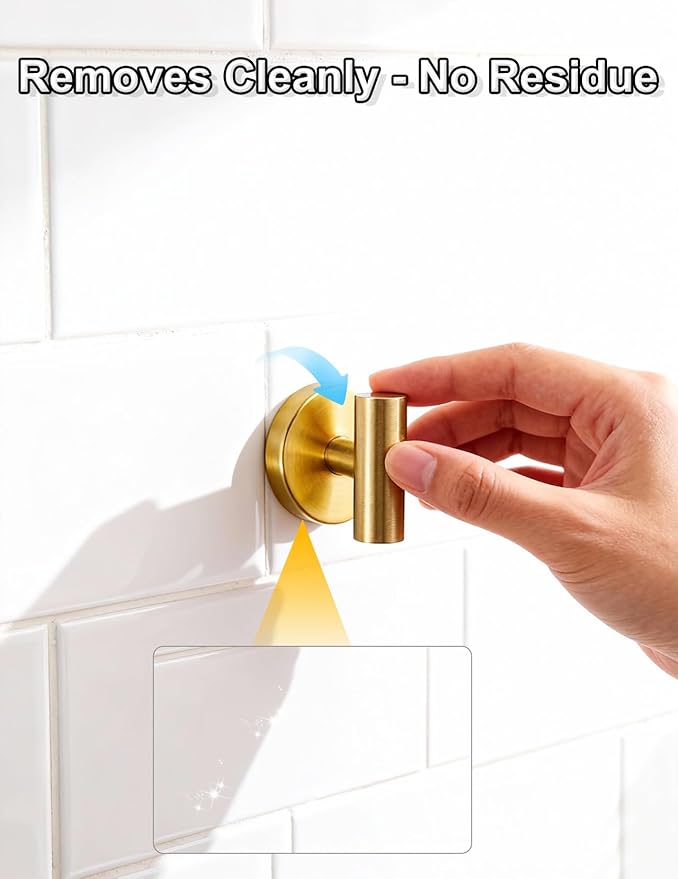 4-Pack Suction Cup Hooks, Heavy Duty 11lb Capacity Shower Hooks for Towels, No-Drill Mounting on Bathroom Glass Mirror Tiles & Smooth Non-Porous Surfaces (Gold)