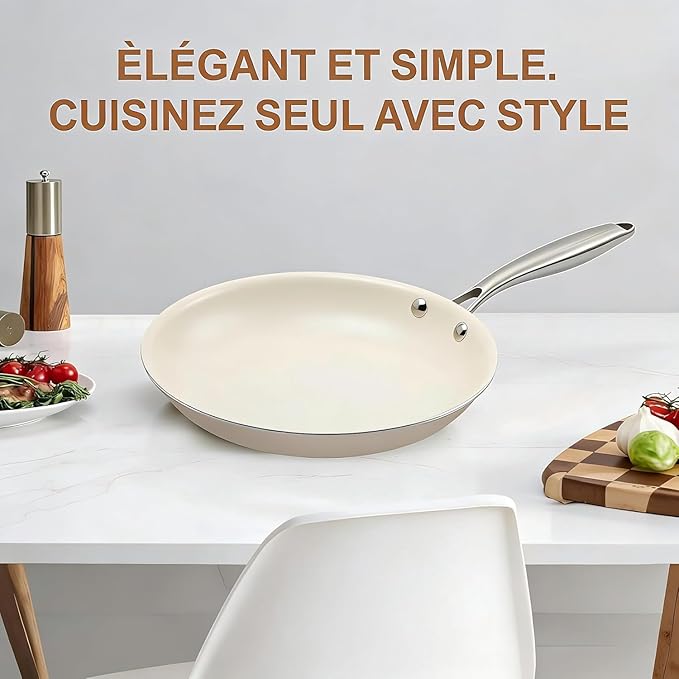 9.25 Inch Ceramic Nonstick Frying Pan with lid Skillet - PFAS-Free, Non-Toxic, Oven Safe & Induction Ready, Aluminum Cookware with Stainless Steel Handle