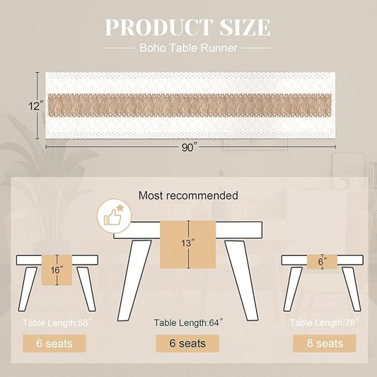 FEXIA Boho Table Runner for Home Coffee Decor 90 Inches Long Farmhouse Rustic Table Runner Macrame Burlap Centerpieces for Tables Decoration for Kitchen Bedroom Decor Bridal Shower (12x90 Inches)