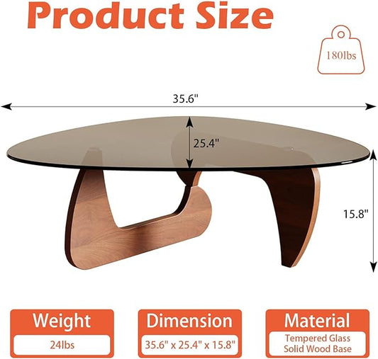 Modern Coffee Table for Living Room and Small Spaces, 35.6" x 25.4" x 15.8" Triangle Tempered Glass Table Top and Solid Wood Base, Walnut