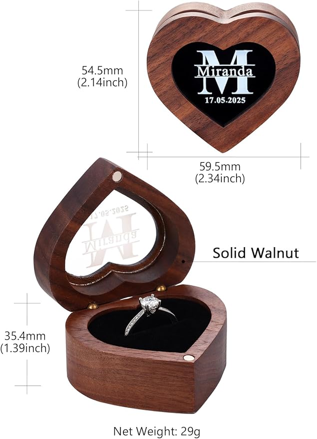 Custom4U Personalized Wedding Ring Box for Proposal Heart Wooden Ring Holder with InitialCustom Name Jewelry Box for Engagement