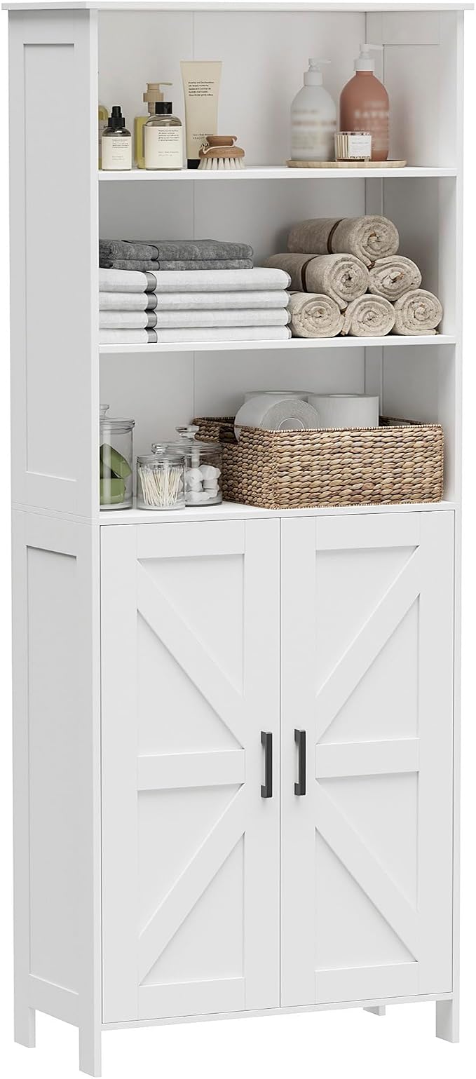 Homhedy 67" Tall Bathroom Storage Cabinet, Freestanding Farmhouse Cabinet with 2 Doors and Adjustable Shelf, Bathroom Organizers and Storage for Kitchen, Living Room, Laundry Room, White