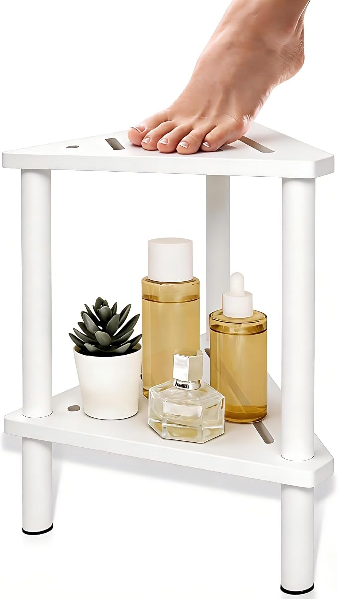 Yoshiky White Shower Foot Rest 15in, Shower Stool for Shaving Legs, Waterproof Wood Corner Shower Stool with Storage Shelf for Inside Small Shower Spaces, Bamboo