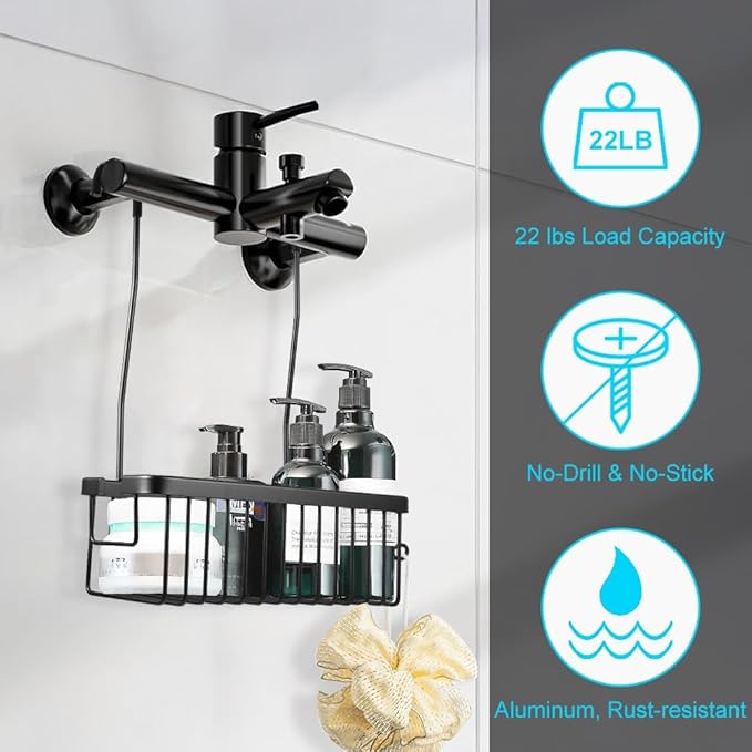 Shower Hanging Caddy, No Drill Shower Shelf, Heavy Duty Aluminum Organizer Basket, Bathroom Storage for Shampoo, Soap & Toiletries, Black