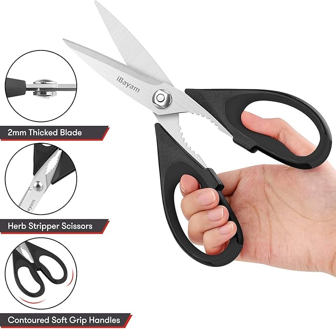 Small Kitchen Scissors 8-inch, iBayam 2 Pack Kitchen Shears All Purpose Meat Scissors Poultry Shears, Dishwasher Safe Food Cooking Scissors Heavy Duty Stainless Steel Utility (Black, Aqua Sky)