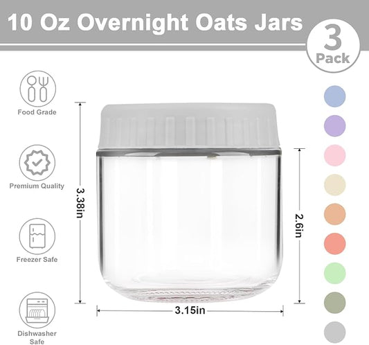 Overnight Oats Containers with Lids, 10oz Wide Mouth Mason Jars with Lids, 3 Pack Glass Jars with Airtight lid for Chia Pudding Yogurt Salad, Meal Prer Oatmeal Jars, Gray