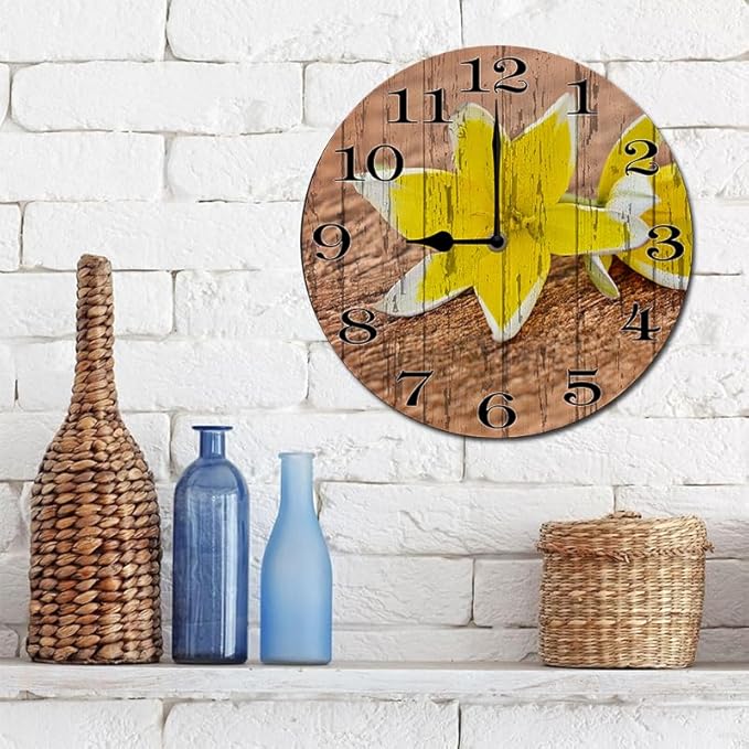 Yellow Flower Wall Clock 10 Inch Silent Non Ticking Battery Operated Wooden Modern Office Simple Minimalist Clock Decorative for Kitchen Home Bathroom Living Room