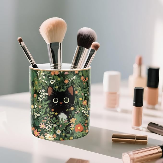 WAVEYU Pen Holder, Pencil Cup for Desk, Cute Makeup Brush Holder, Durable Ceramic Organizer Decor for Room, Office, Classroom, Cute Cat Pattern