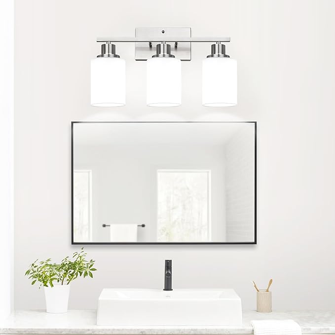 3-Light Bathroom Light Fixtures, Brushed Nickel Vanity Light with Milky White Shades, Bathroom Lighting Fixtures Over Mirror, Modern Bathroom Wall Lamp for Mirror Living Room Cabinet Bedroom