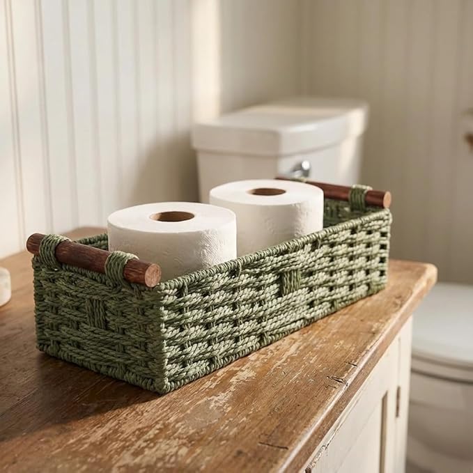 Toilet Paper Basket, Green Wicker Storage Basket with Wooden Handles, Handwoven Paper Rope Toilet Tank Top Organizer, Countertop Basket for Top of Toilet, Wicker Bathroom Baskets for Organizing