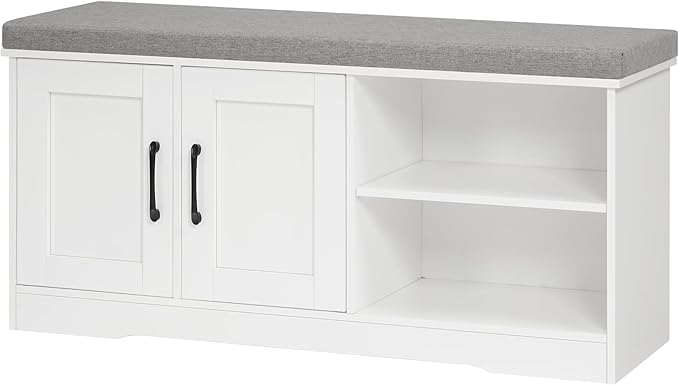 Storage Bench, 39.4" Wide Shoe Bench with Padded Seat Cushion, Entryway Bench with 2 Doors and Adjustable Shelf, End of Bed Bench, for Hallway, Bedroom, White and Gray BSWT1201