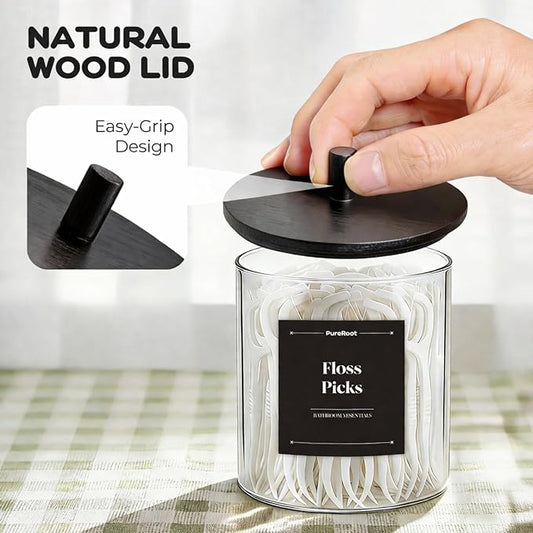 Glass Qtip Holder Dispenser Set - 15oz & 10oz Cotton Swab Holder with Black Wooden Lids, Bathroom Canisters Apothecary Jar Vanity Storage Organizer for Cotton Balls, Floss Picks (6 Pack)