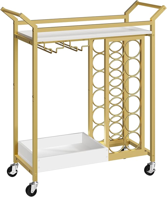 Bar Cart for Home, Gold Bar Cart with Wine Rack, Drink Cart with Wheels, Rolling Wine Cart with Glass Holder, Serving Cart for Kitchen, Gold and White RCJW18101