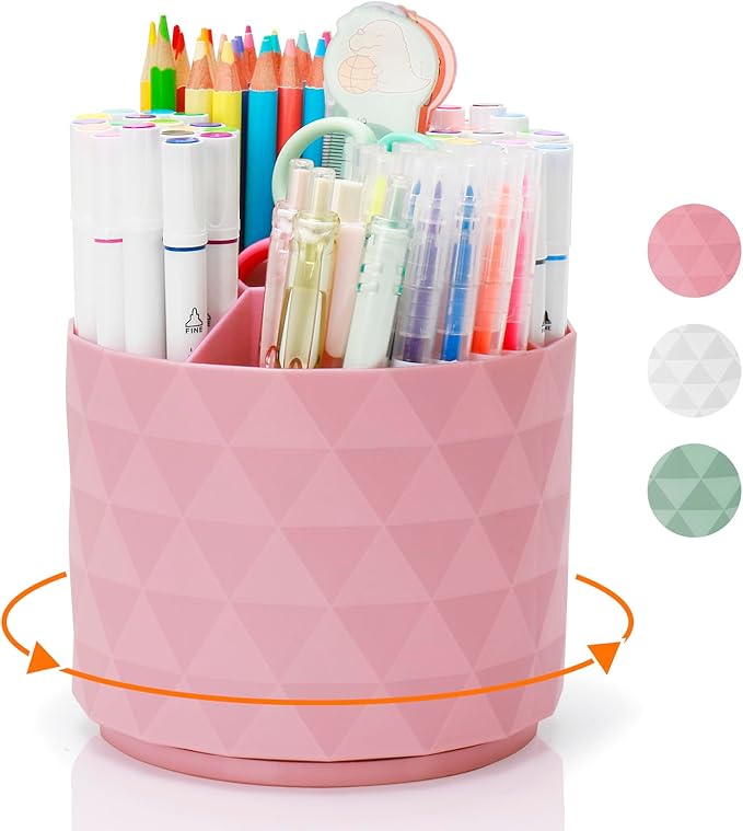 Cute Pencil Holders For Desk,360-Degree Rotating Pen Holders For Home Office,Diamond-like Pen Organizer With 5 Compartments,Stylish Desk Accessories For Office,School ,Home ,Art Supply (Pink)
