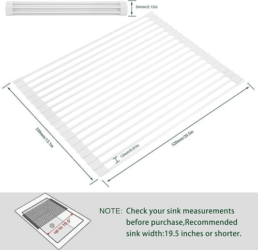 HANZENMA Roll Up Dish Drying Rack Over The Sink Kitchen Roll Up Sink Drying Rack Multipurpose Foldable Sink Drying Mat, Heat-Resistant, Anti-Slip & Anti-Rust Dish Rack for Kitchen, 20.5" x 13", White