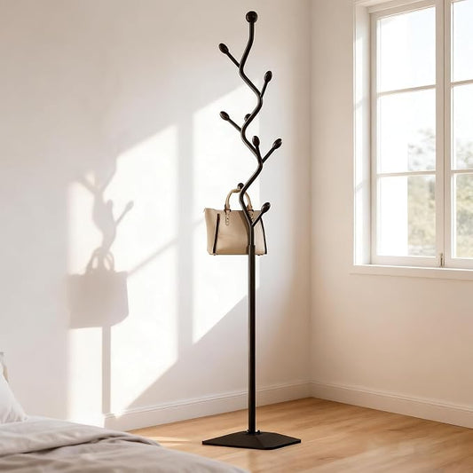 Tree-shaped coat rack stand,Metal coat tree with 8 Hooks and sturdy cast iron base,Heavy Duty coat rack freestanding coat hanger stand for Clothes Hats Scarfs Purses (black)